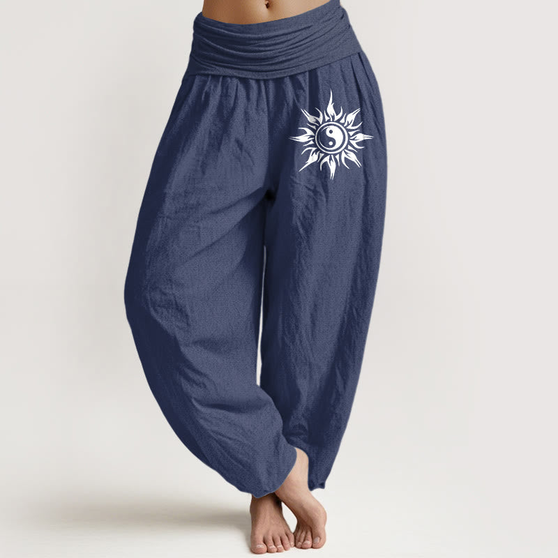 Buddha Stones Pure Cotton Yin Yang Sun Pattern Women's Elastic Waist Harem Pants - DarkSlateBlue - US16，UK/AU20，EU48 (3XL) - image 5