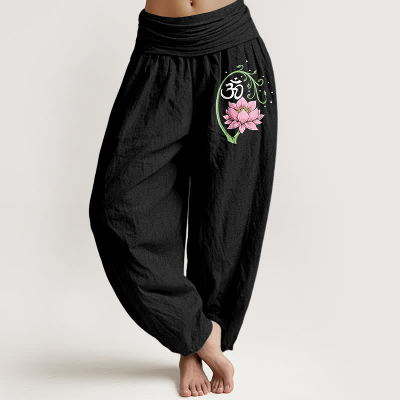 Buddha Stones Pure Cotton Lotus Vine Om Pattern Women's Elastic Waist Harem Pants - Black - US16，UK/AU20，EU48 (3XL) - image 0