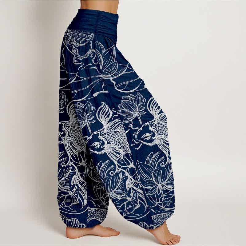 Buddha Stones Cotton Lotus Pond Fish Pattern Women's Elastic Waist Harem Pants - image 9