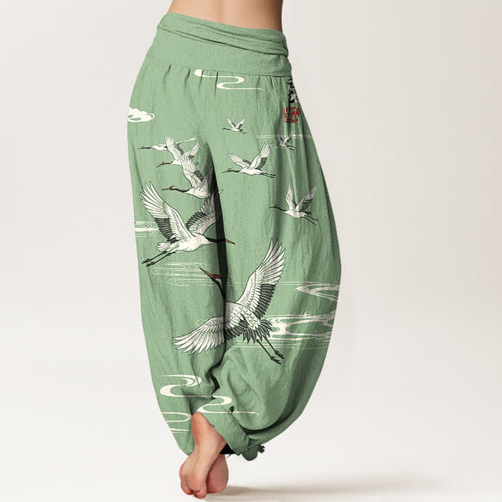 Buddha Stones Cotton Oriental Crane Wave Pattern Women's Elastic Waist Harem Pants - image 2
