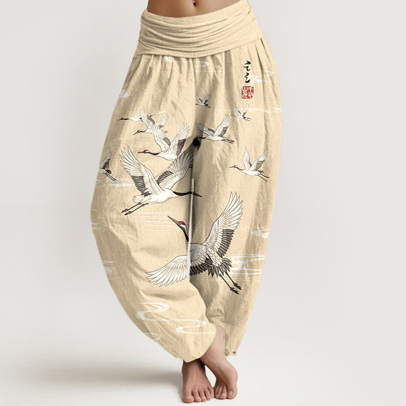 Buddha Stones Cotton Oriental Crane Wave Pattern Women's Elastic Waist Harem Pants - LemonChiffon - US16，UK/AU20，EU48 (3XL) - image 5