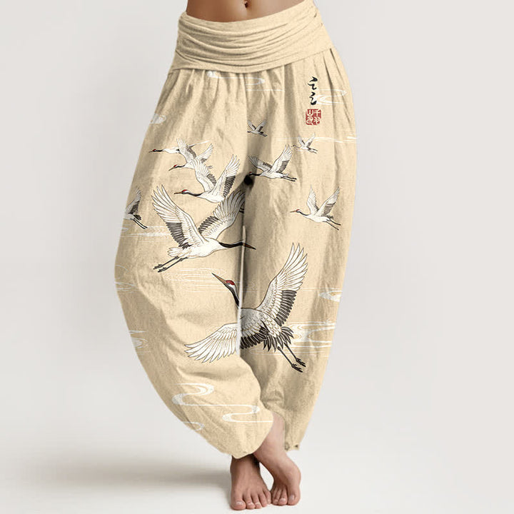 Buddha Stones Cotton Oriental Crane Wave Pattern Women's Elastic Waist Harem Pants - LemonChiffon - US16，UK/AU20，EU48 (3XL) - image 5