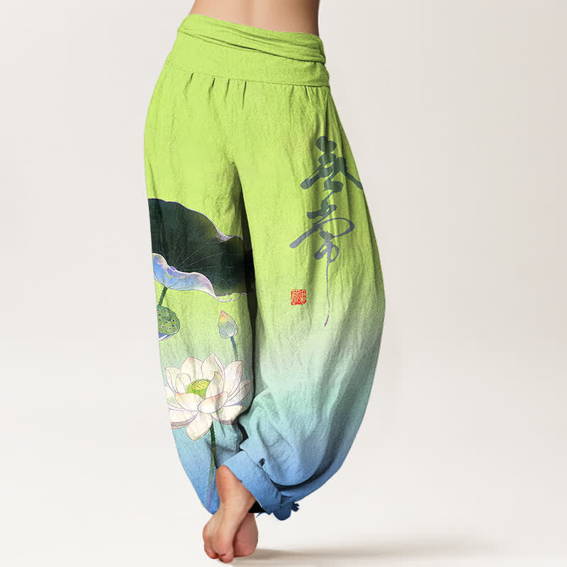 Buddha Stones Cotton Elegant Lotus Flower Pattern Women's Elastic Waist Harem Pants - image 10