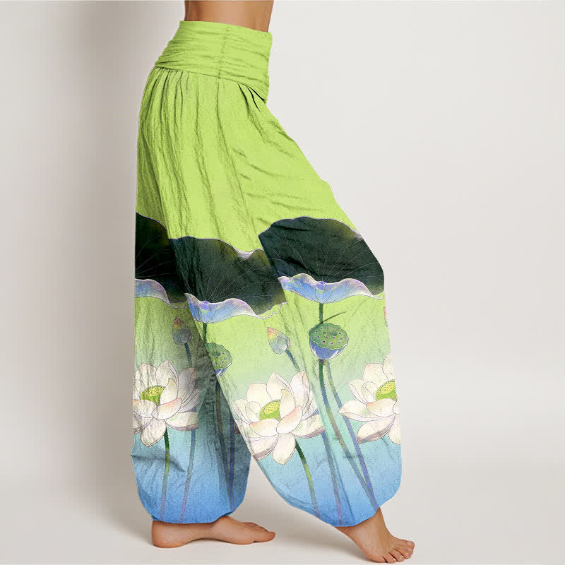 Buddha Stones Cotton Elegant Lotus Flower Pattern Women's Elastic Waist Harem Pants - image 9