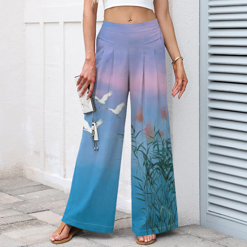 Buddha Stones Cotton Linen Gradient Crane Reed Pattern Women's Elastic Waist Wide Leg Pants With Pockets - image 1