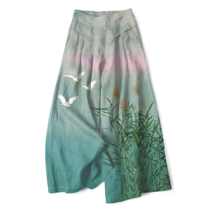 Buddha Stones Cotton Linen Gradient Crane Reed Pattern Women's Elastic Waist Wide Leg Pants With Pockets - Turquoise - US16，UK/AU20，EU48 (3XL) - image 4