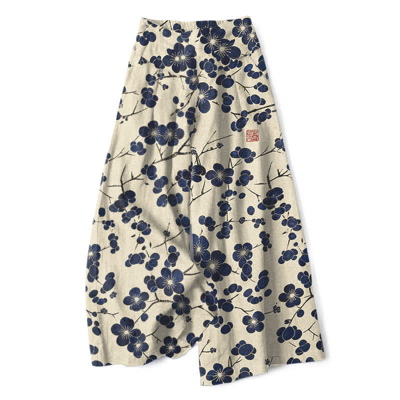 Buddha Stones Cotton Linen Vintage Indigo Floral Pattern Women's Elastic Waist Wide Leg Pants With Pockets - Beige - US16，UK/AU20，EU48 (3XL) - image 0