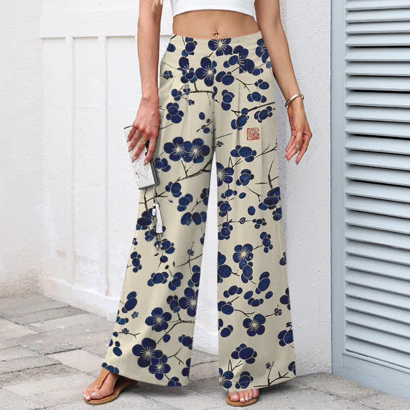 Buddha Stones Cotton Linen Vintage Indigo Floral Pattern Women's Elastic Waist Wide Leg Pants With Pockets - image 1