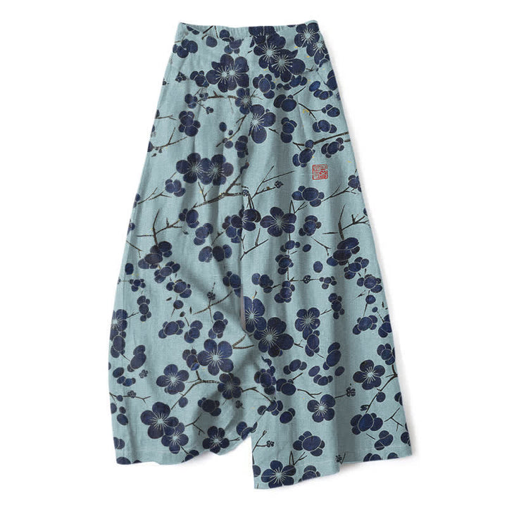 Buddha Stones Cotton Linen Vintage Indigo Floral Pattern Women's Elastic Waist Wide Leg Pants With Pockets - PaleTurquoise - US16，UK/AU20，EU48 (3XL) - image 4