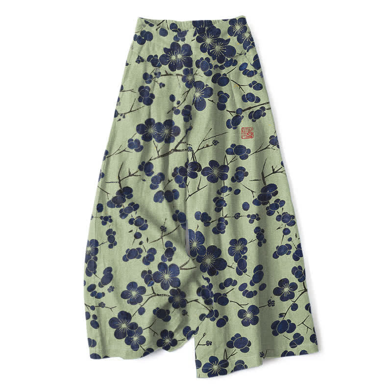 Buddha Stones Cotton Linen Vintage Indigo Floral Pattern Women's Elastic Waist Wide Leg Pants With Pockets - PaleGreen - US16，UK/AU20，EU48 (3XL) - image 6
