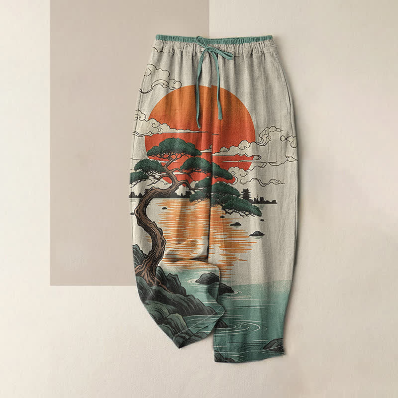 Buddha Stones Pure Cotton Artistic Sunset Pine Pattern Women's Elastic Waist Pants With Pockets - MediumAquamarine - US16，UK/AU20，EU48 (3XL) - image 0