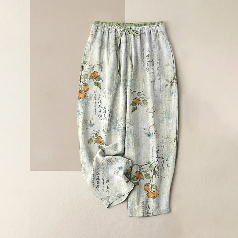Buddha Stones Pure Cotton Oriental Citrus Butterfly Pattern Women's Elastic Waist Pants With Pockets - Honeydew - US16，UK/AU20，EU48 (3XL) - image 0