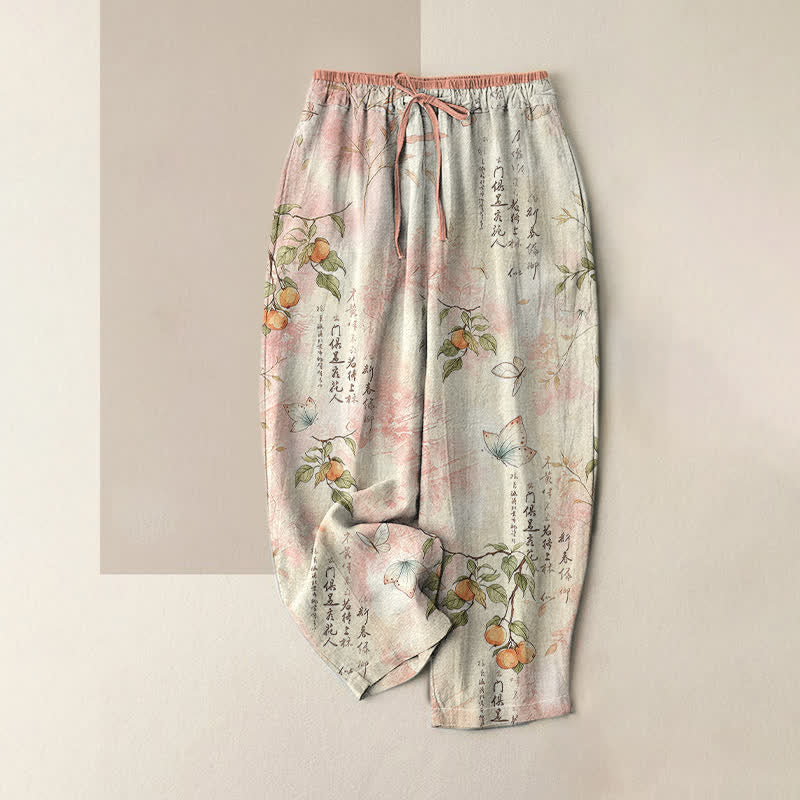Buddha Stones Pure Cotton Oriental Citrus Butterfly Pattern Women's Elastic Waist Pants With Pockets - LavenderBlush - US16，UK/AU20，EU48 (3XL) - image 3