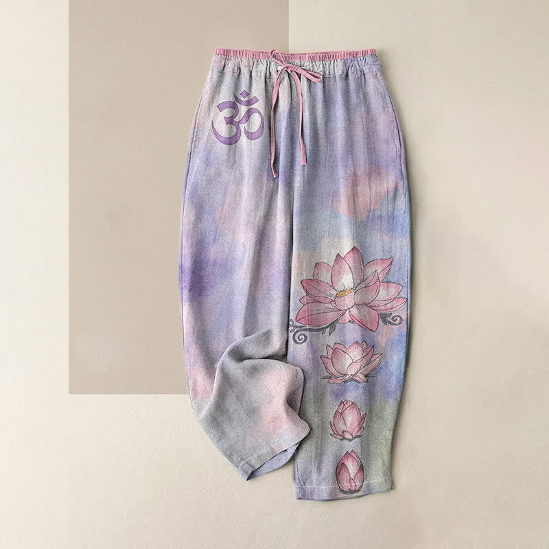 Buddha Stones Pure Cotton Zen Om Lotus Bloom Pattern Women's Elastic Waist Pants With Pockets - MediumPurple - US16，UK/AU20，EU48 (3XL) - image 4