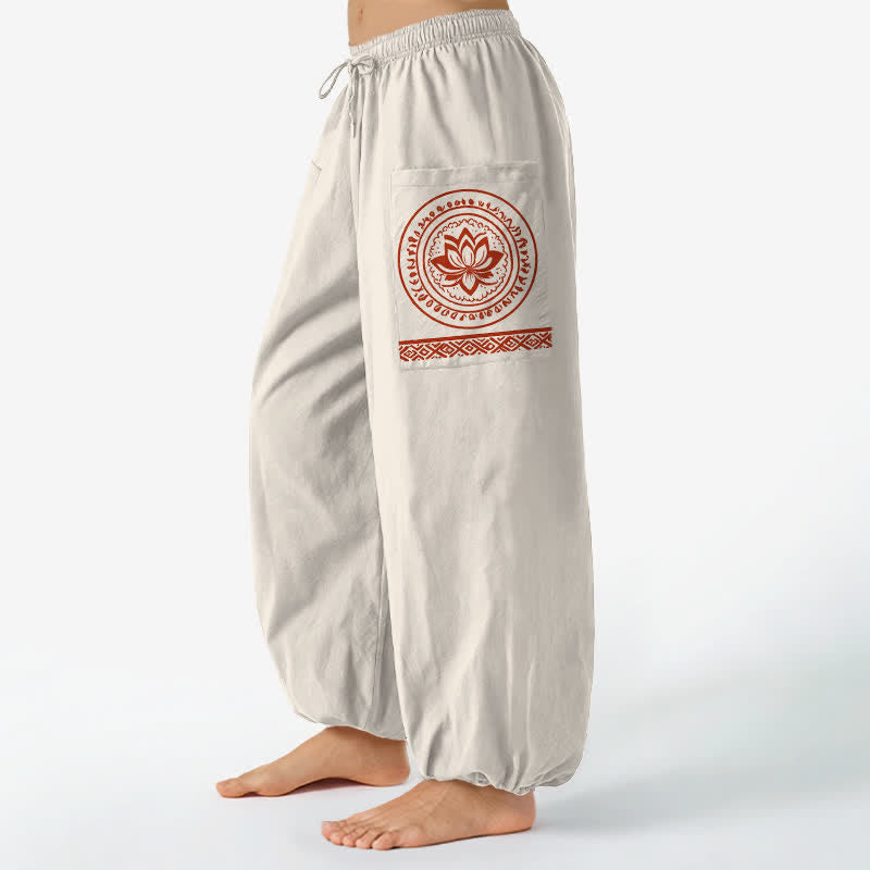 Buddha Stones Cotton Lotus Mandala Pattern Women's Elastic Waist Harem Pants With Side Pockets - Beige - US16，UK/AU20，EU48 (3XL) - image 0