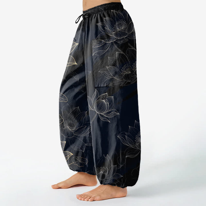 Buddha Stones Cotton Lotus Floral Line Art Pattern Women's Elastic Waist Harem Pants With Side Pockets - image 1