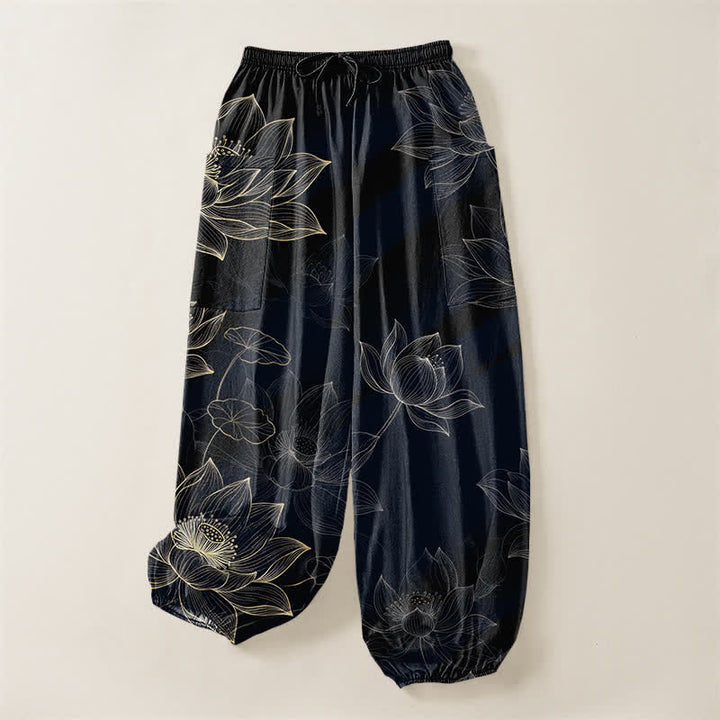 Buddha Stones Cotton Lotus Floral Line Art Pattern Women's Elastic Waist Harem Pants With Side Pockets - image 3