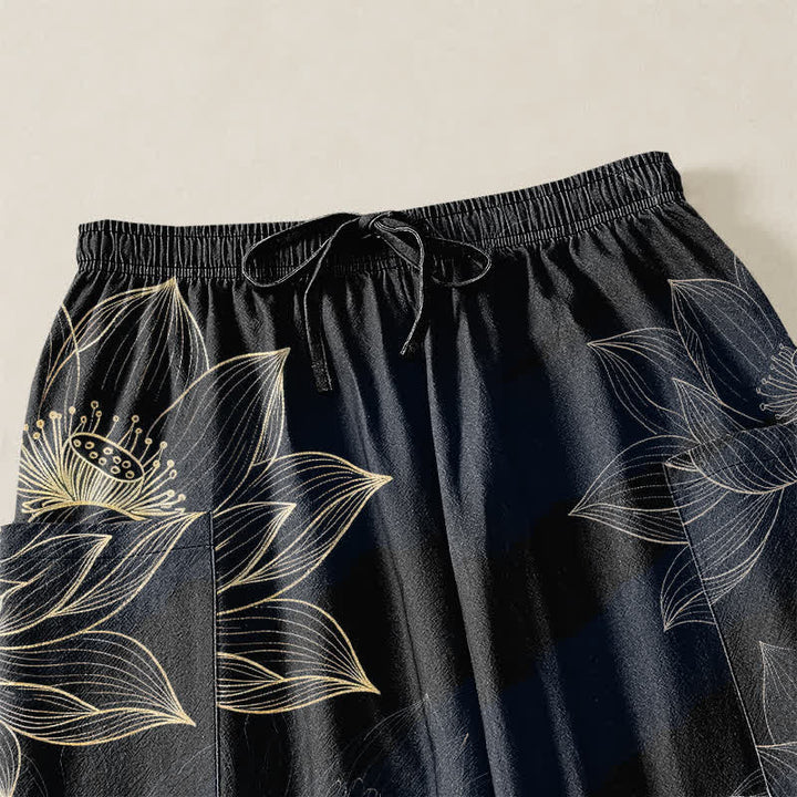 Buddha Stones Cotton Lotus Floral Line Art Pattern Women's Elastic Waist Harem Pants With Side Pockets - image 5