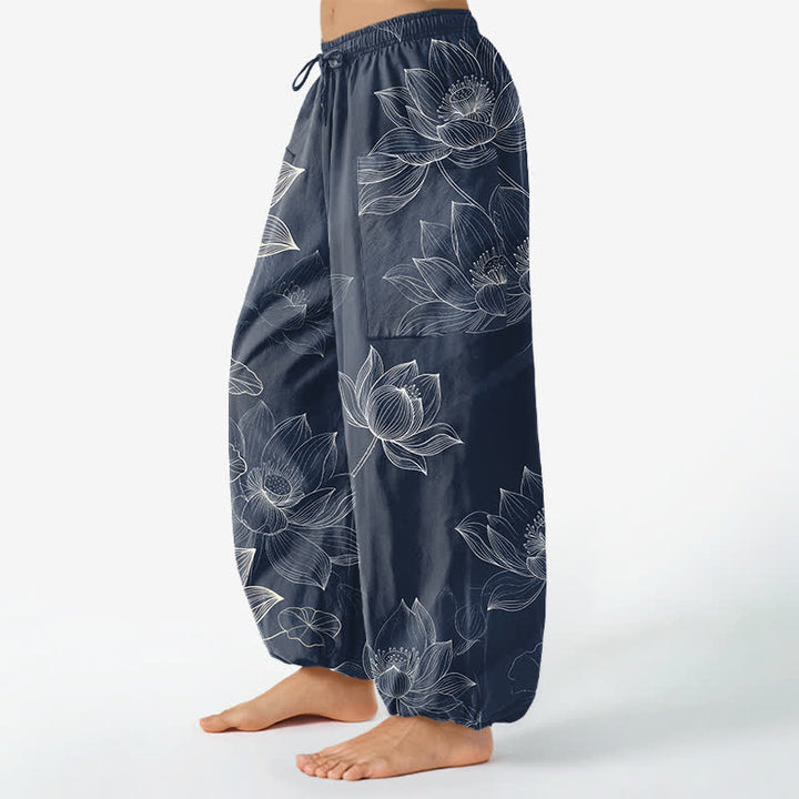 Buddha Stones Cotton Lotus Floral Line Art Pattern Women's Elastic Waist Harem Pants With Side Pockets - image 8