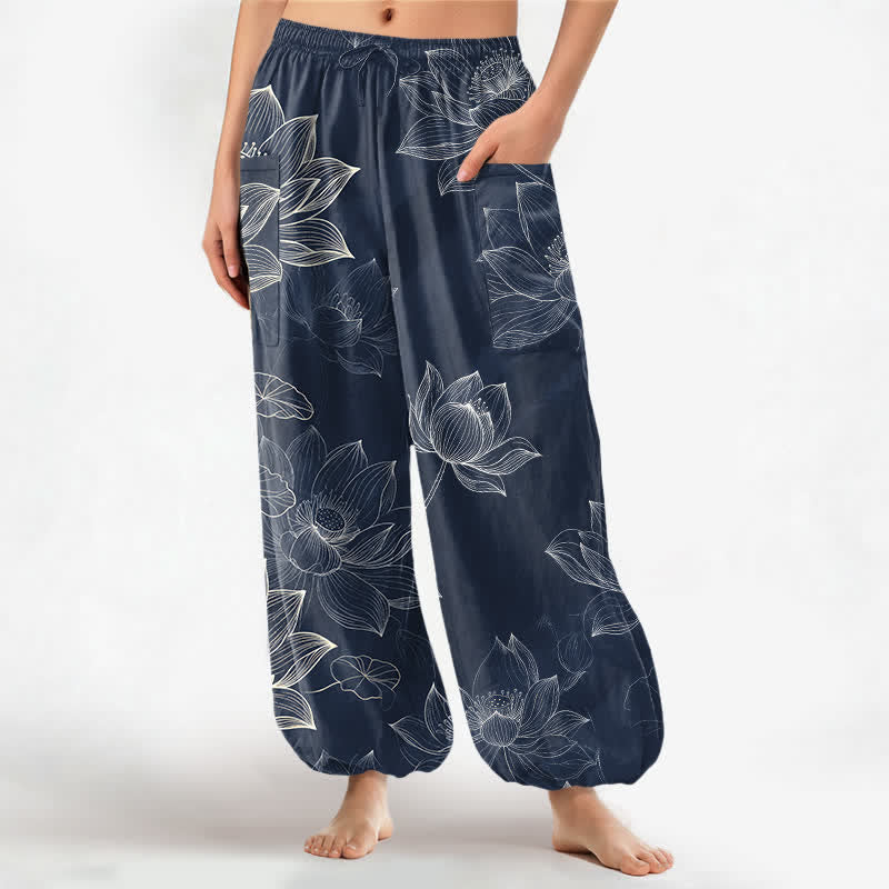 Buddha Stones Cotton Lotus Floral Line Art Pattern Women's Elastic Waist Harem Pants With Side Pockets - SteelBlue - US16，UK/AU20，EU48 (3XL) - image 7