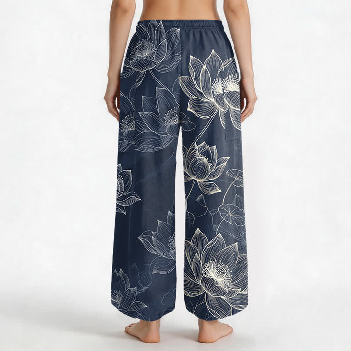 Buddha Stones Cotton Lotus Floral Line Art Pattern Women's Elastic Waist Harem Pants With Side Pockets - image 9