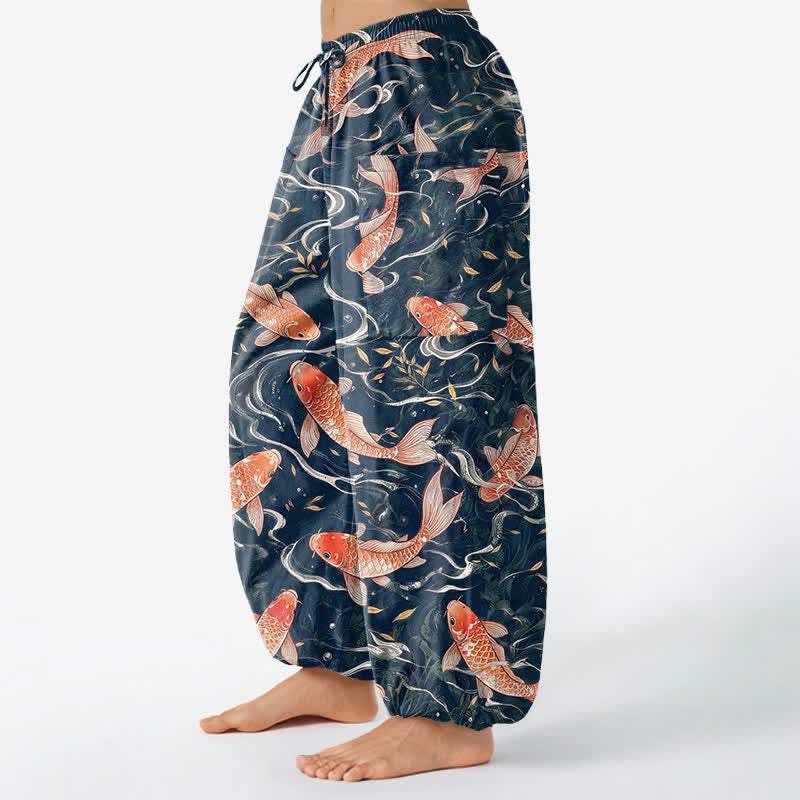 Buddha Stones Cotton Oriental Koi Wave Pattern Women's Elastic Waist Harem Pants With Side Pockets - image 1