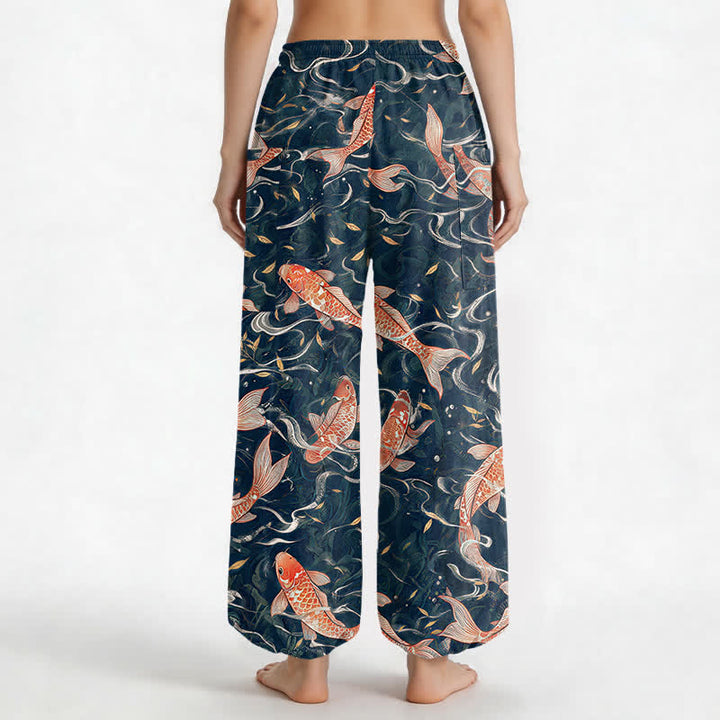 Buddha Stones Cotton Oriental Koi Wave Pattern Women's Elastic Waist Harem Pants With Side Pockets - image 2