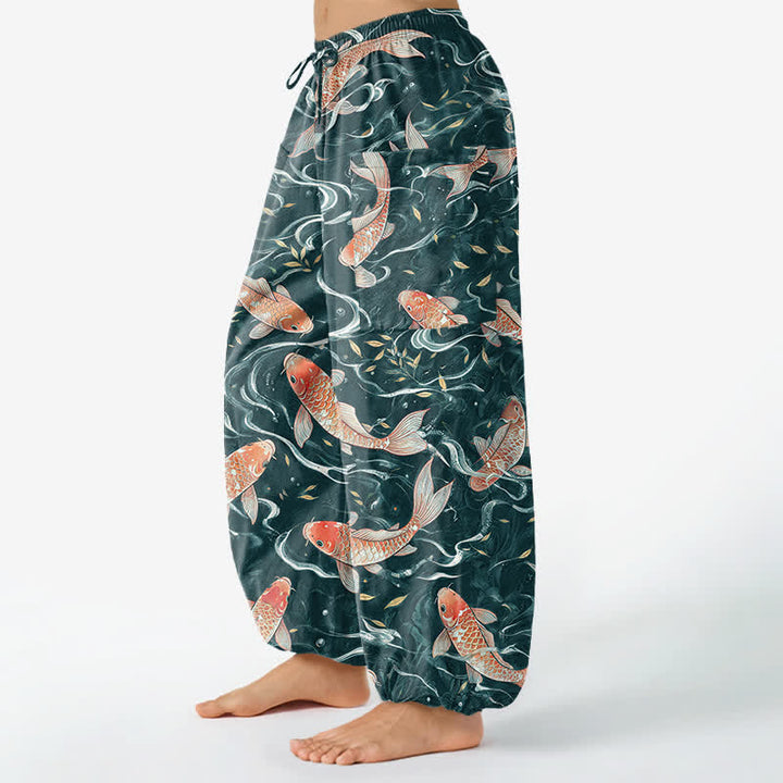 Buddha Stones Cotton Oriental Koi Wave Pattern Women's Elastic Waist Harem Pants With Side Pockets - image 8