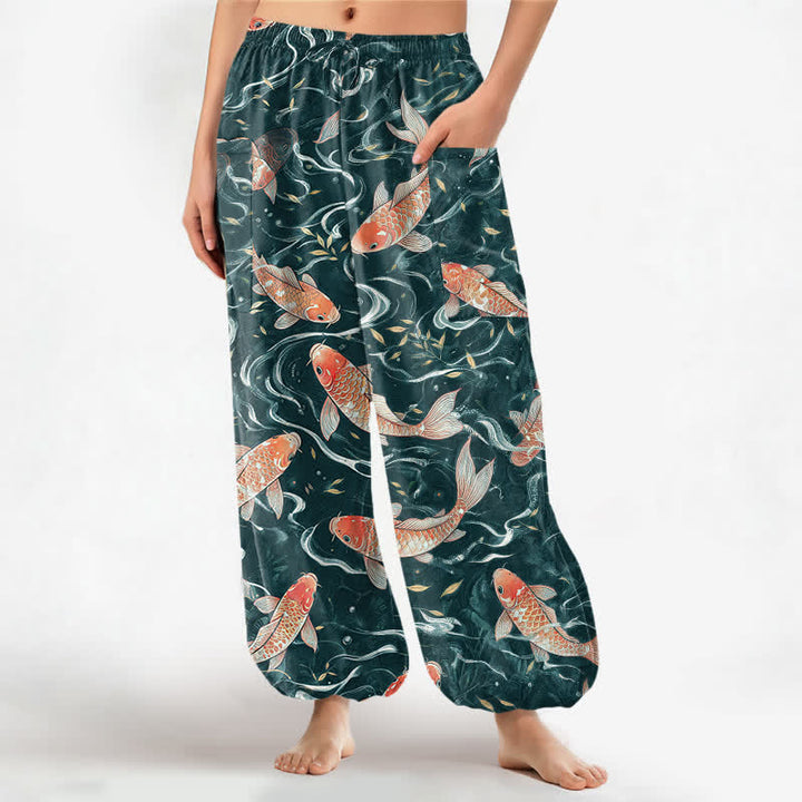 Buddha Stones Cotton Oriental Koi Wave Pattern Women's Elastic Waist Harem Pants With Side Pockets - DarkCyan - US16，UK/AU20，EU48 (3XL) - image 7