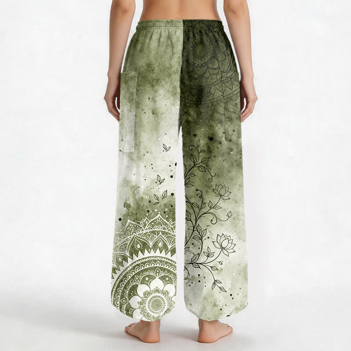 Buddha Stones Cotton Watercolor Ombre Mandala Lotus Pattern Women's Elastic Waist Harem Pants With Side Pockets - image 9