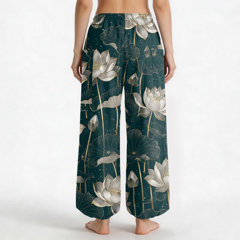 Buddha Stones Cotton Oriental Lotus Floral Pattern Women's Elastic Waist Harem Pants With Side Pockets - image 12