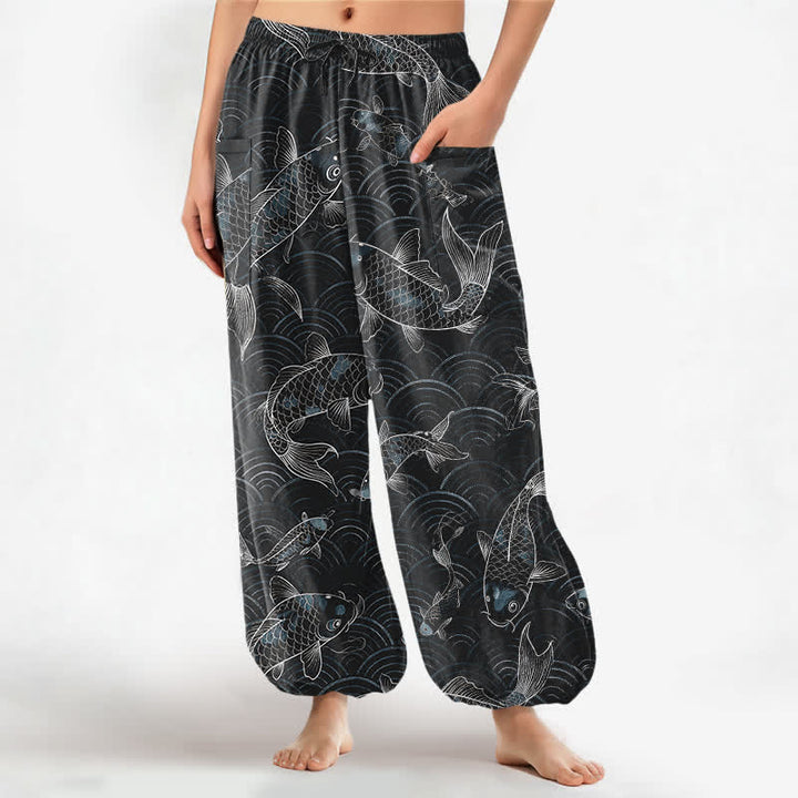 Buddha Stones Cotton Zen Koi Ripple Pattern Women's Elastic Waist Harem Pants With Side Pockets - Black - US16，UK/AU20，EU48 (3XL) - image 7