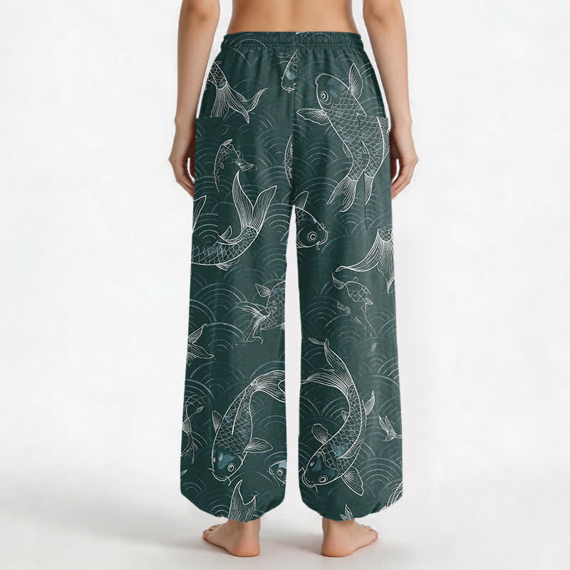 Buddha Stones Cotton Zen Koi Ripple Pattern Women's Elastic Waist Harem Pants With Side Pockets - image 12