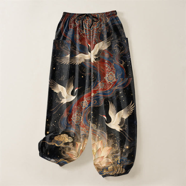 Buddha Stones Cotton Ornamental Crane Lotus Pattern Women's Elastic Waist Harem Pants With Side Pockets - image 3