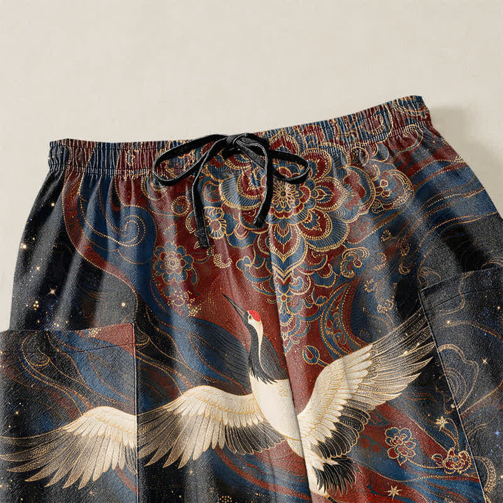 Buddha Stones Cotton Ornamental Crane Lotus Pattern Women's Elastic Waist Harem Pants With Side Pockets - image 5