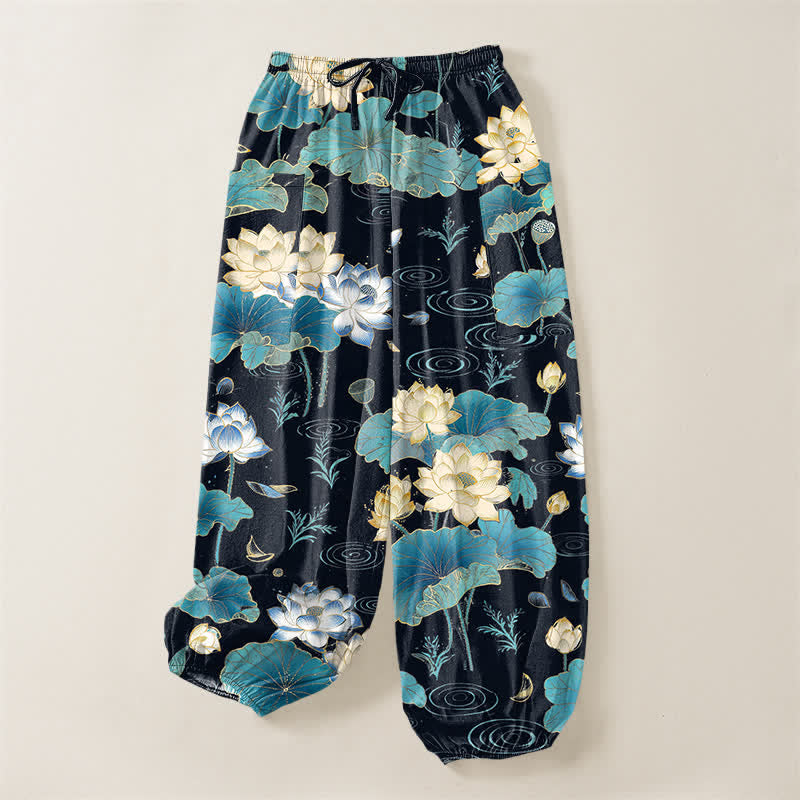 Buddha Stones Cotton Lotus Leaf Blossom Pattern Women's Elastic Waist Harem Pants With Side Pockets - image 3