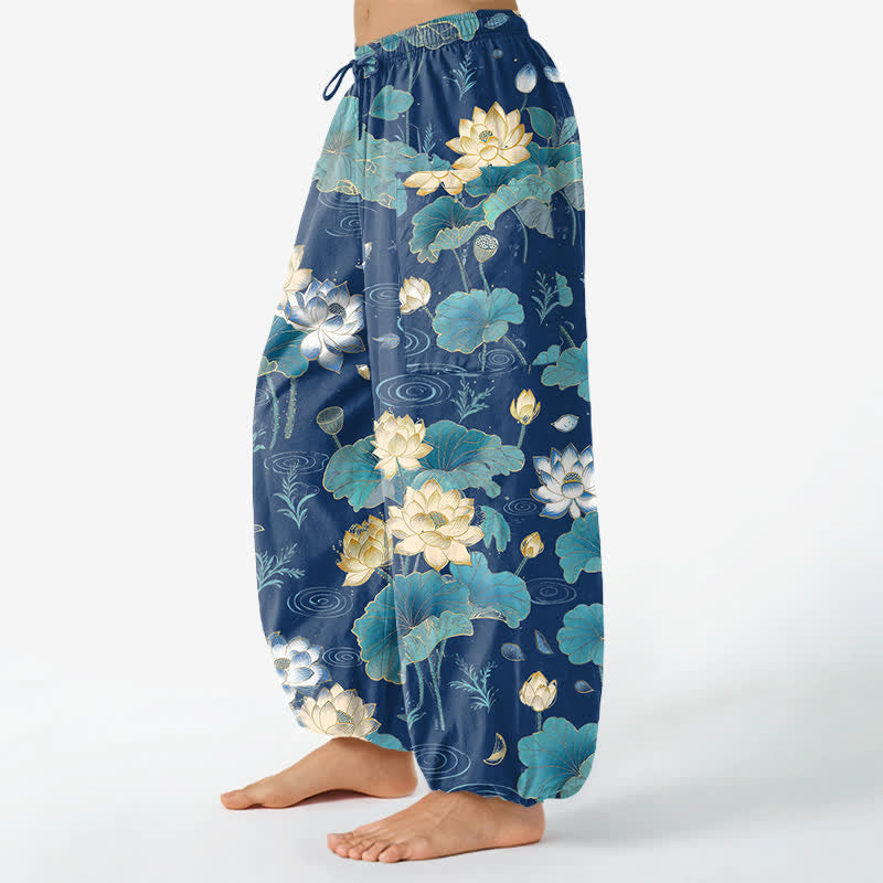 Buddha Stones Cotton Lotus Leaf Blossom Pattern Women's Elastic Waist Harem Pants With Side Pockets - image 11