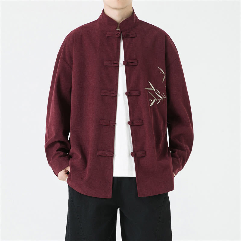 Buddha Stones Fall Winter Tang Style Vintage Frog Button Bamboo  Embroidery Corduroy Men's Jacket - Maroon - US/UK/AU46，EU56 (5XL) - image 0