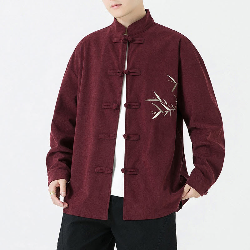 Buddha Stones Fall Winter Tang Style Vintage Frog Button Bamboo  Embroidery Corduroy Men's Jacket - image 1