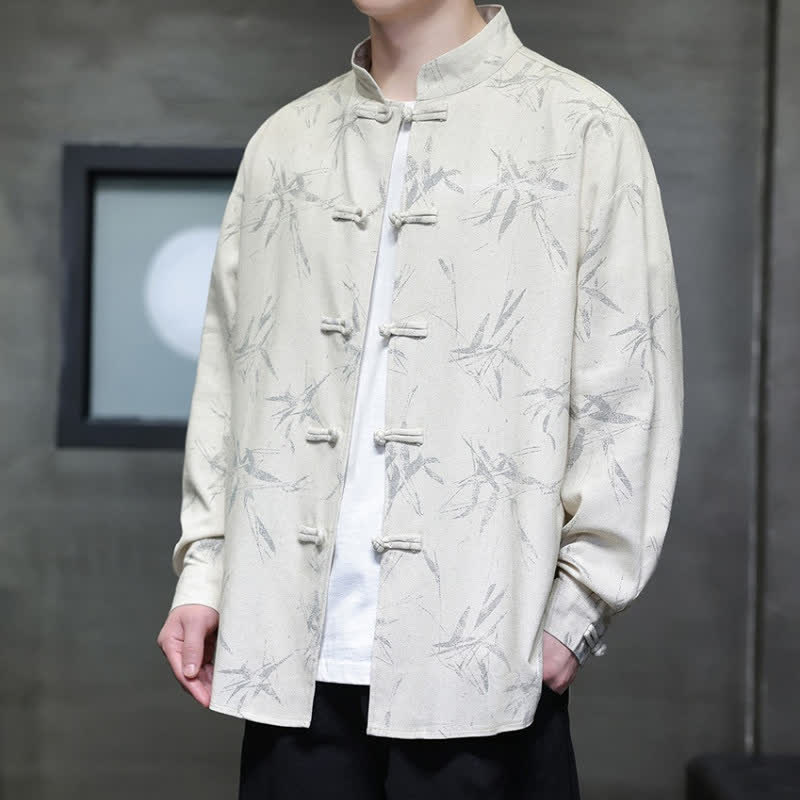 Buddha Stones Spring Casual Tang Style Frog Button Bamboo Print Men's Long Sleeve Shirts - image 1