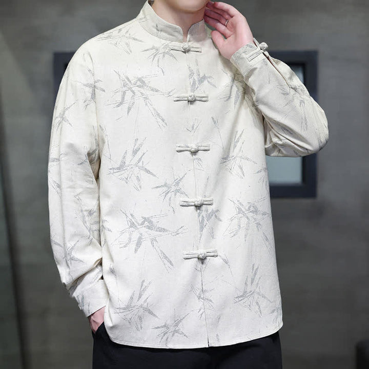 Buddha Stones Spring Casual Tang Style Frog Button Bamboo Print Men's Long Sleeve Shirts - image 4