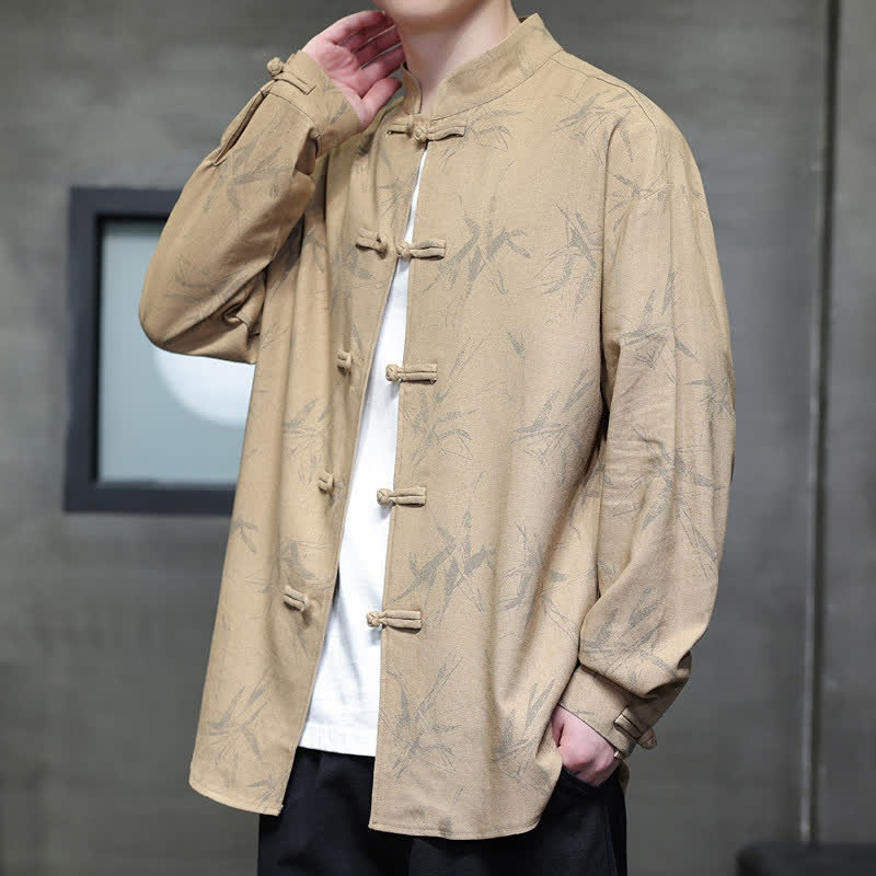 Buddha Stones Spring Casual Tang Style Frog Button Bamboo Print Men's Long Sleeve Shirts - image 15