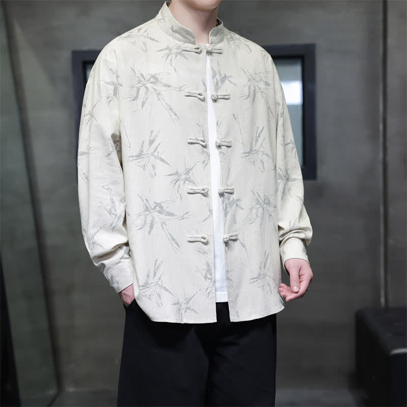 Buddha Stones Spring Casual Tang Style Frog Button Bamboo Print Men's Long Sleeve Shirts - image 5