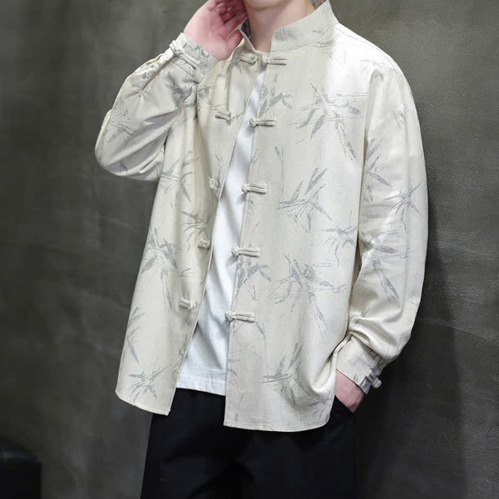 Buddha Stones Spring Casual Tang Style Frog Button Bamboo Print Men's Long Sleeve Shirts - image 2