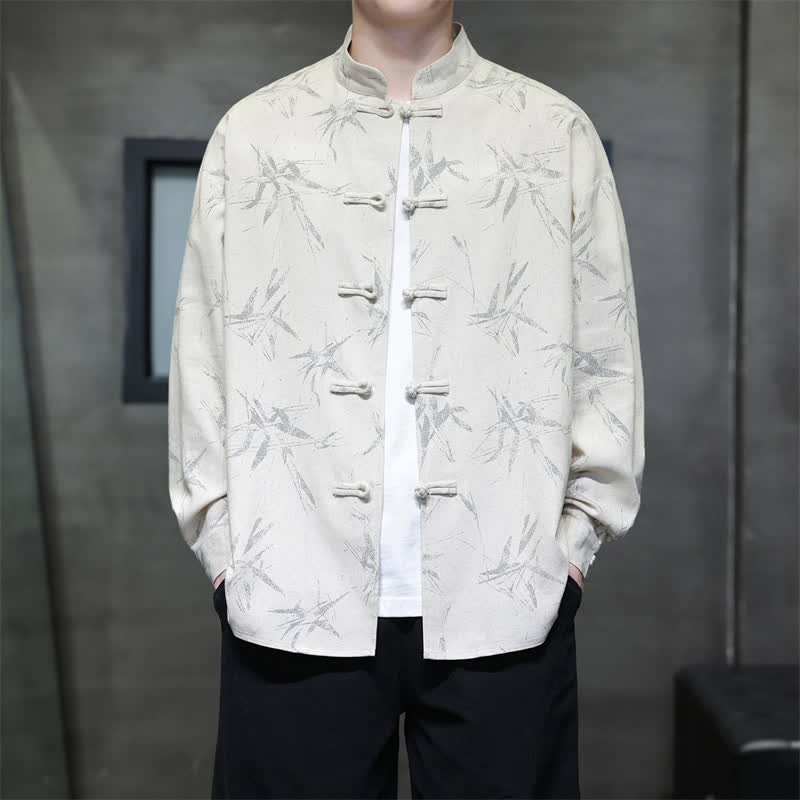 Buddha Stones Spring Casual Tang Style Frog Button Bamboo Print Men's Long Sleeve Shirts - Linen - US/UK/AU46，EU56 (5XL) - image 0