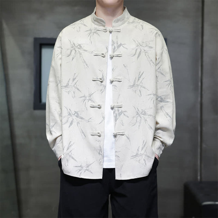 Buddha Stones Spring Casual Tang Style Frog Button Bamboo Print Men's Long Sleeve Shirts - Linen - US/UK/AU46，EU56 (5XL) - image 0