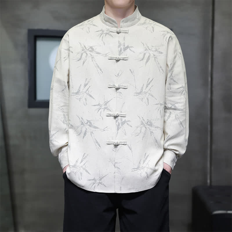 Buddha Stones Spring Casual Tang Style Frog Button Bamboo Print Men's Long Sleeve Shirts - image 3