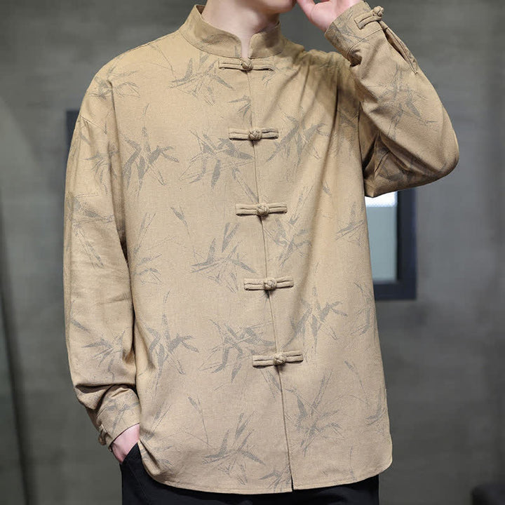 Buddha Stones Spring Casual Tang Style Frog Button Bamboo Print Men's Long Sleeve Shirts - image 16