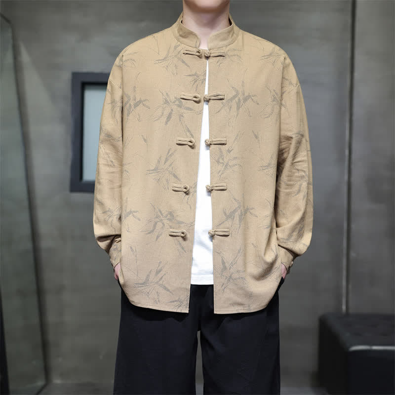 Buddha Stones Spring Casual Tang Style Frog Button Bamboo Print Men's Long Sleeve Shirts - Tan - US/UK/AU46，EU56 (5XL) - image 13