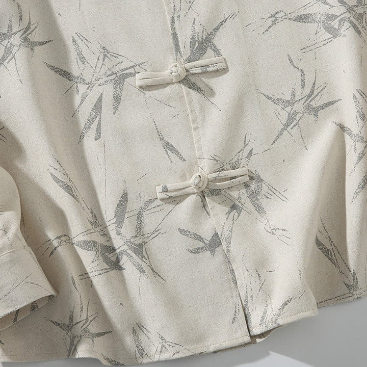 Buddha Stones Spring Casual Tang Style Frog Button Bamboo Print Men's Long Sleeve Shirts - image 10